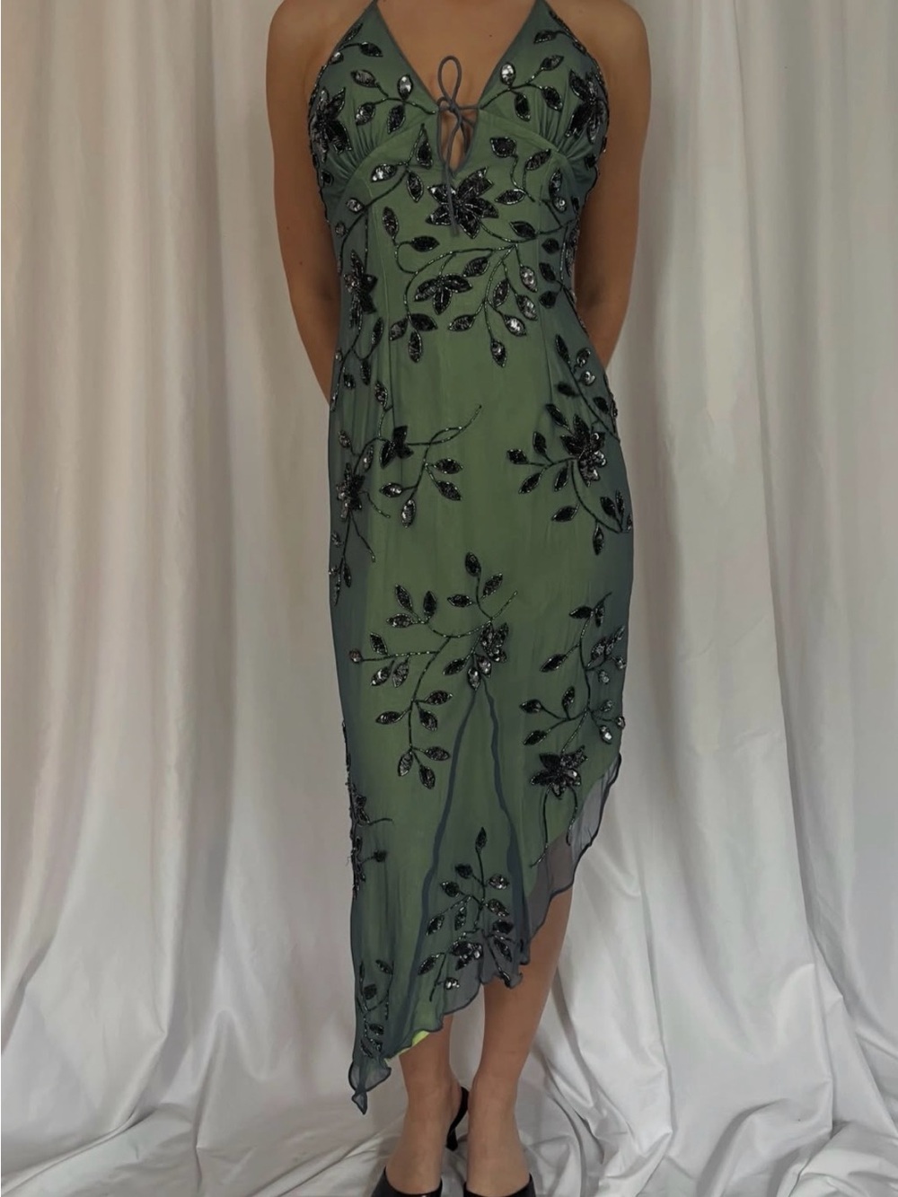 Cache Olive Green Asymmetrical Beaded Halter Dress